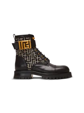 BALMAIN  Bottines rangers charlie en cuir et jacquard monogramme - Noir