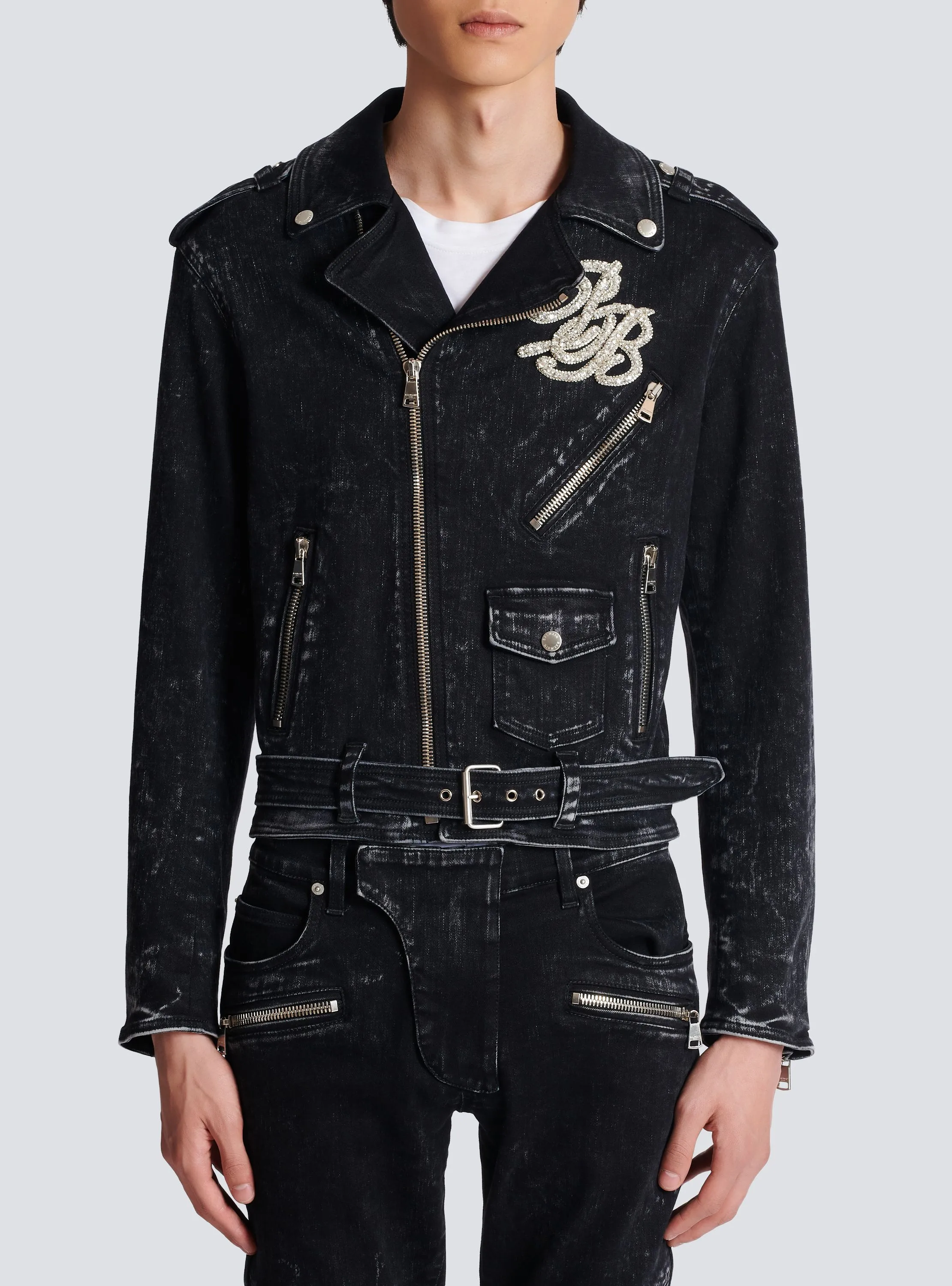 BALMAIN  Veste biker en denim - Noir