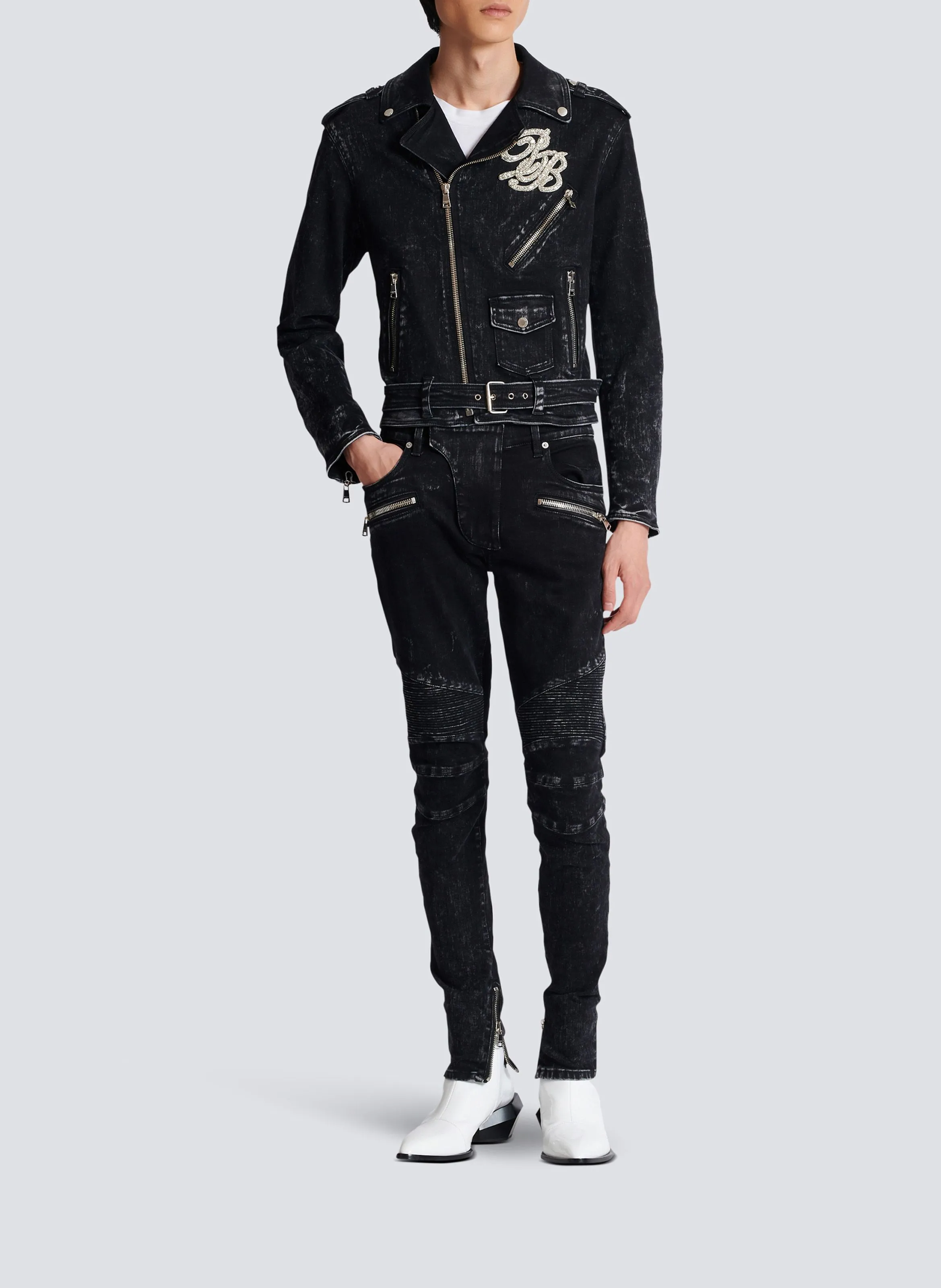 BALMAIN  Veste biker en denim - Noir