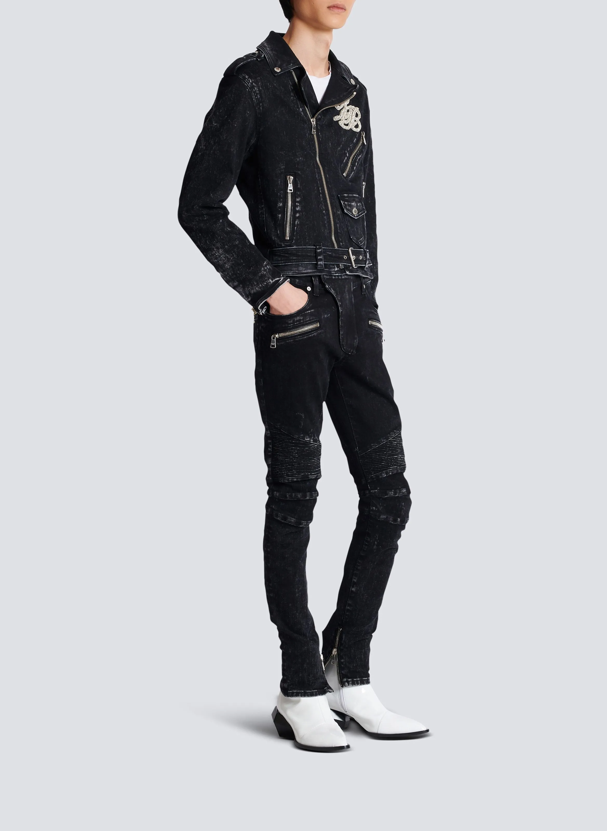 BALMAIN  Veste biker en denim - Noir