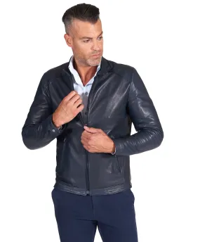 Blouson cuir homme veste moto blouson vintage cuir bleu Ted