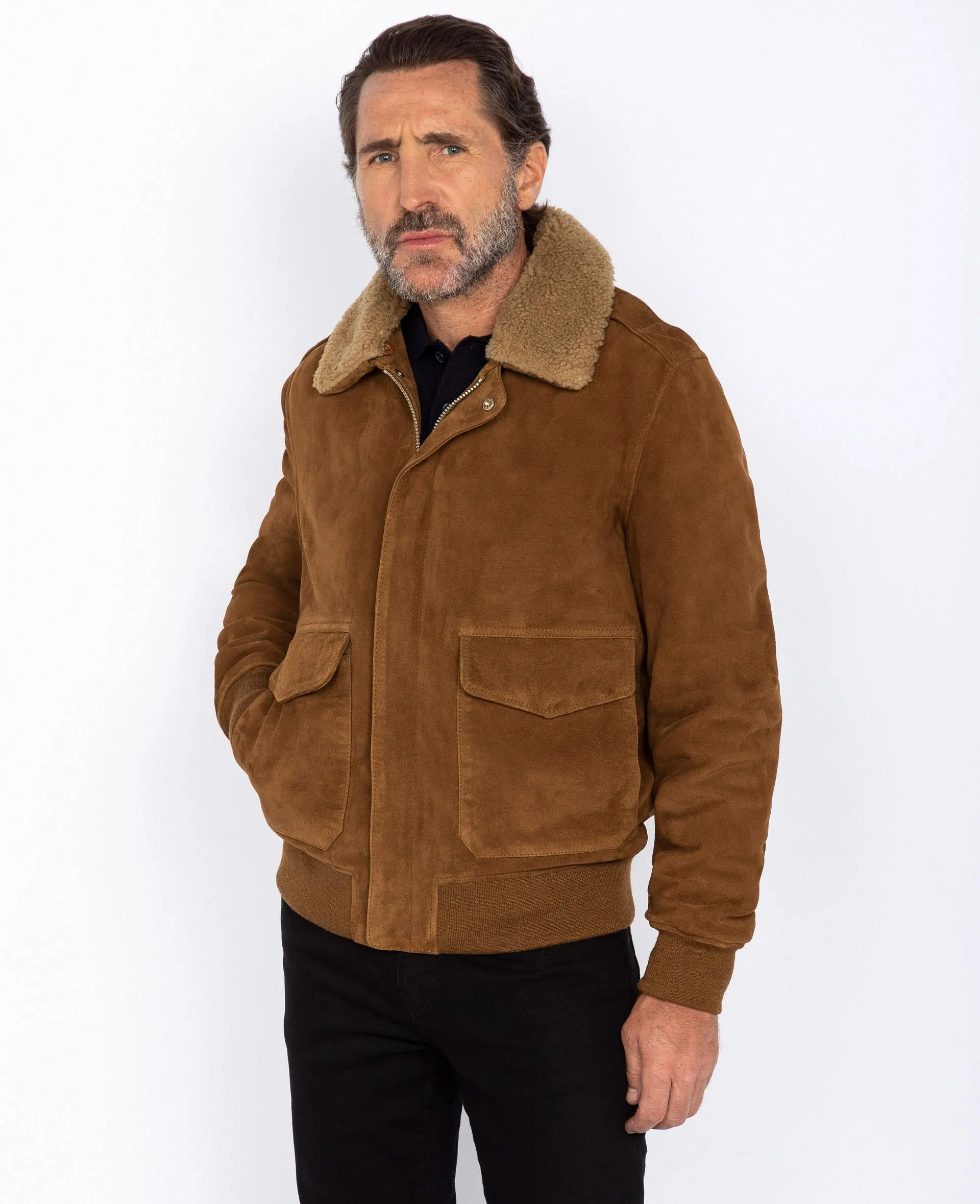 Blouson pilote suédé, cuir de chèvre