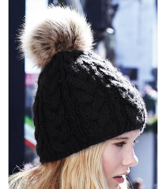 Bonnet Pom Pom, aspect tricoté main , Noir