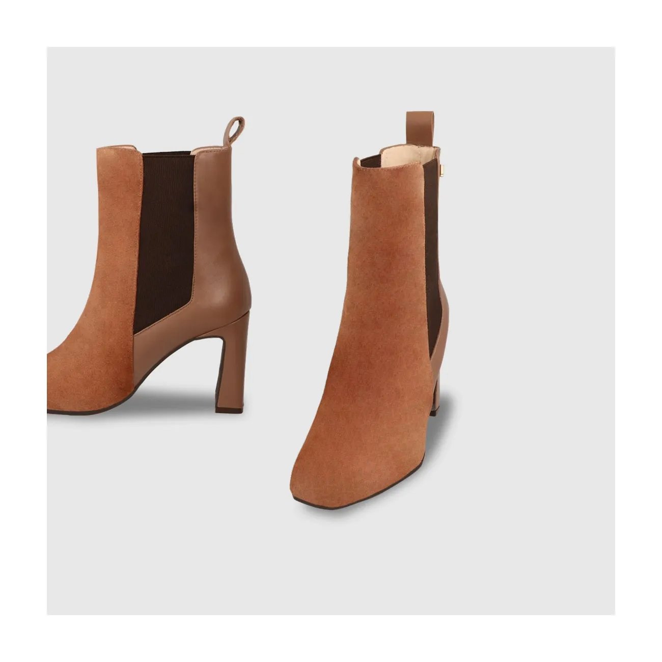 Bottines pour femme en cuir suédé marron combiné avec du cuir lisse assorti et des détails élastiques latéraux | Chaussures femm