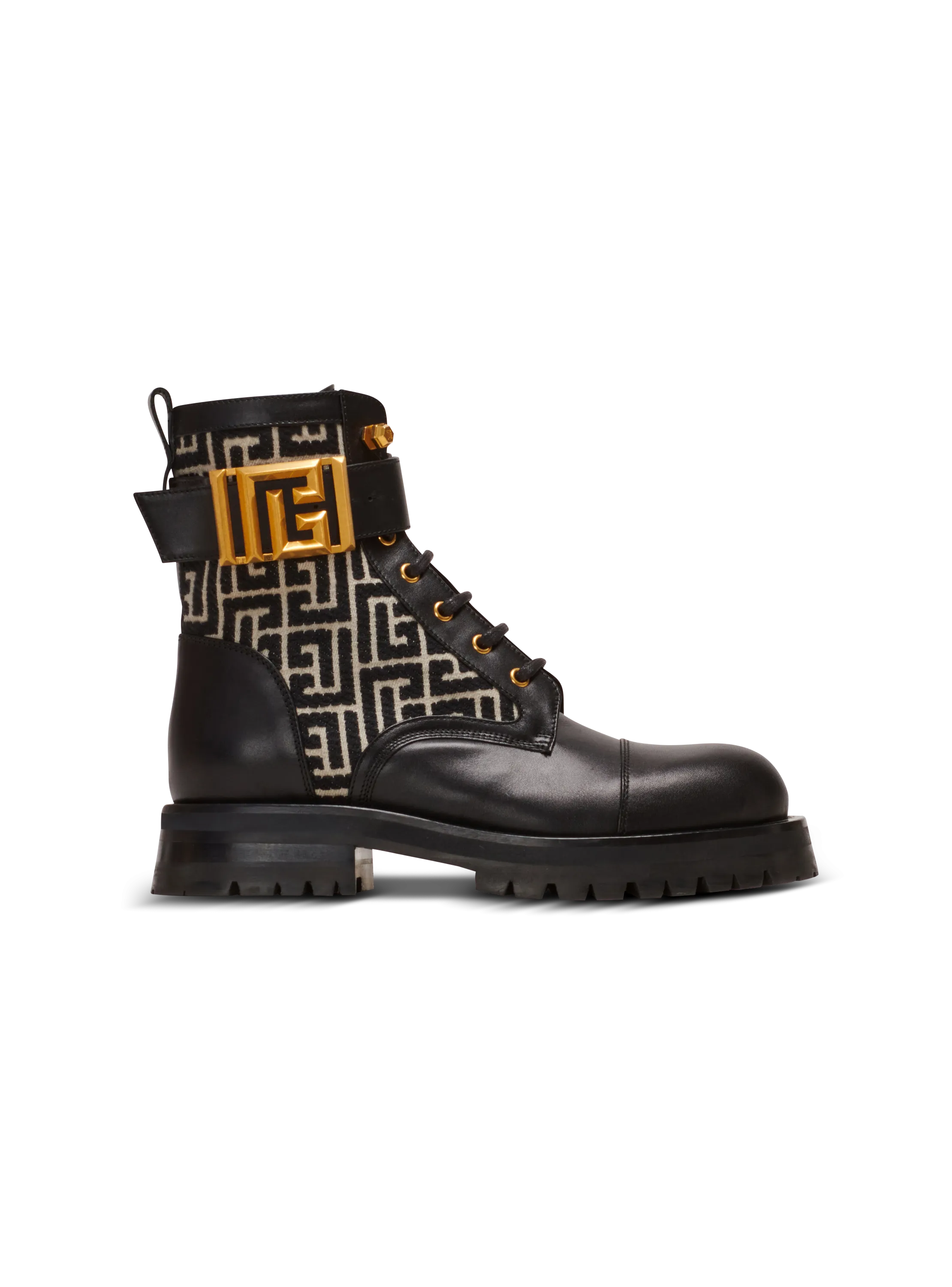 BOTTINES RANGERS CHARLIE EN CUIR ET JACQUARD MONOGRAMME - BALMAIN pour FEMME | Printemps