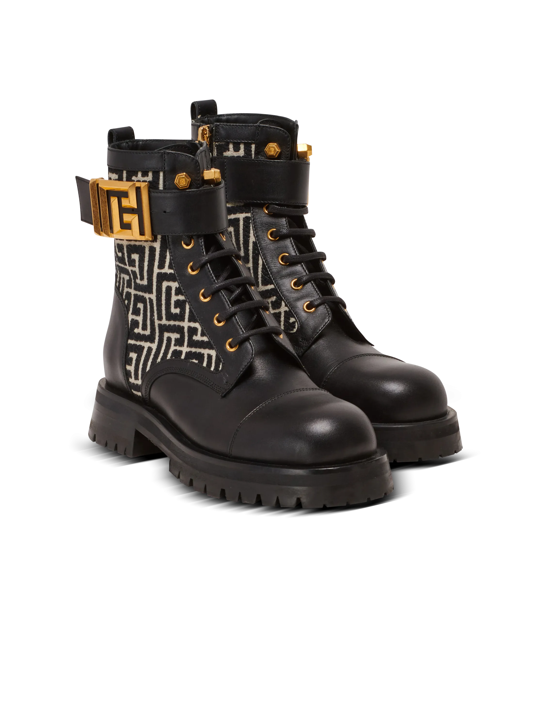 BOTTINES RANGERS CHARLIE EN CUIR ET JACQUARD MONOGRAMME - BALMAIN pour FEMME | Printemps