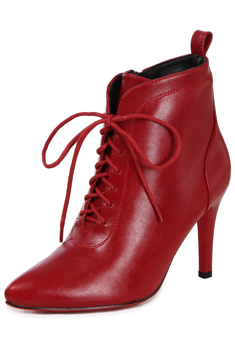 Bottines rouge rubis en cuir bout pointu à talon 7 / 9 cm