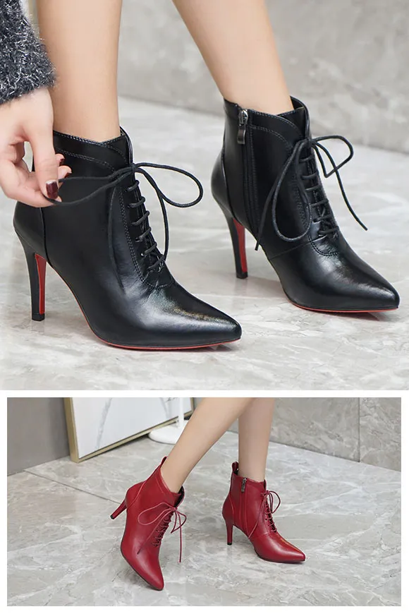 Bottines rouge rubis en cuir bout pointu à talon 7 / 9 cm