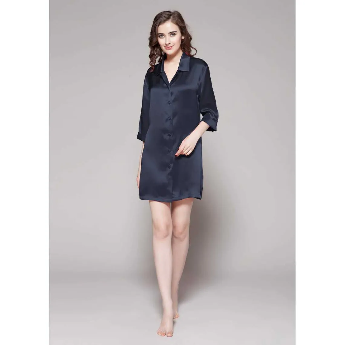 Chemise De Nuit En Soie Mi manche A Fente bleu marine | 3 Suisses