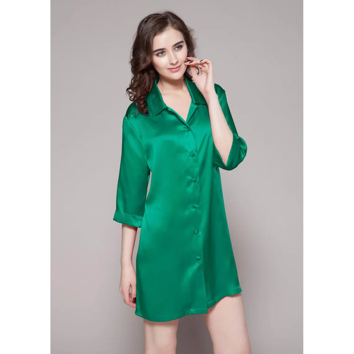 Chemise De Nuit En Soie Mi manche A Fente vert | 3 Suisses