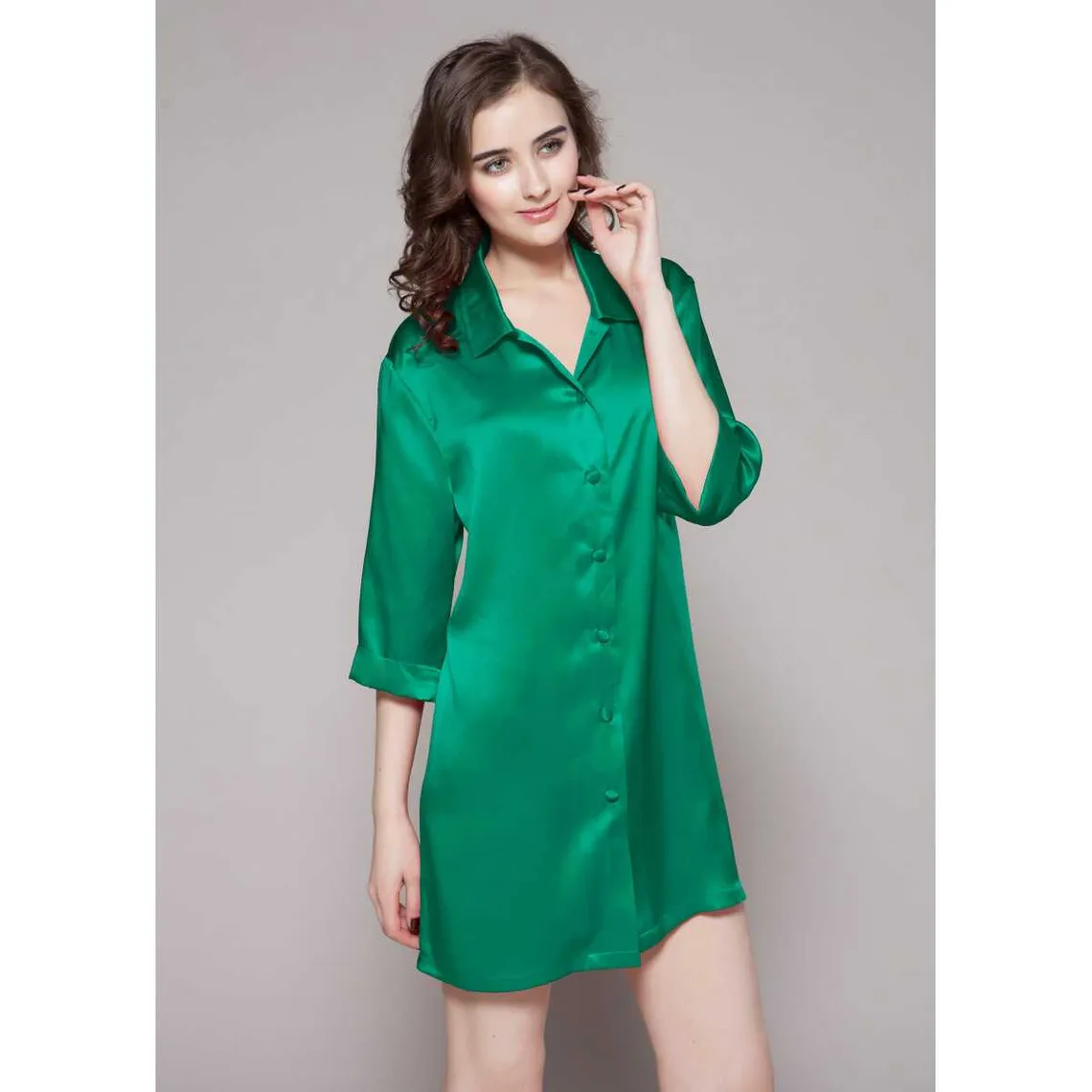 Chemise De Nuit En Soie Mi manche A Fente vert | 3 Suisses