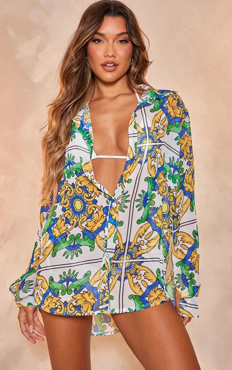 Chemise de plage oversize en mousseline de soie multicolore à imprimé Amalfi contrastant