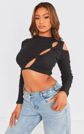 Crop top côtelé noir à découpes devant