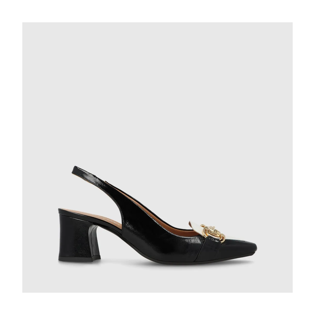 Escarpin slingback pour femme en cuir effet cuir verni combiné noir et blanc. I LODI Chaussures pour femme online.