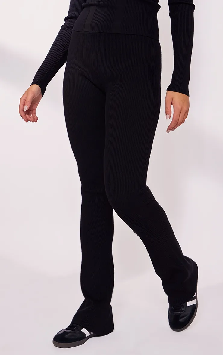 Pantalon flare en maille tricot côtelée noir profond