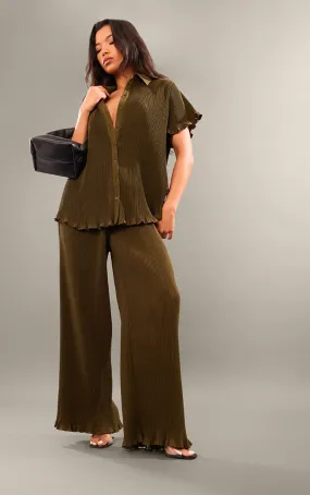 Pantalon large vert olive oversize en mousseline de soie plissée