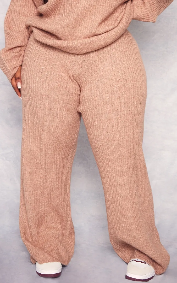 Plus Pantalon en maille tricot côtelée douce cappuccino