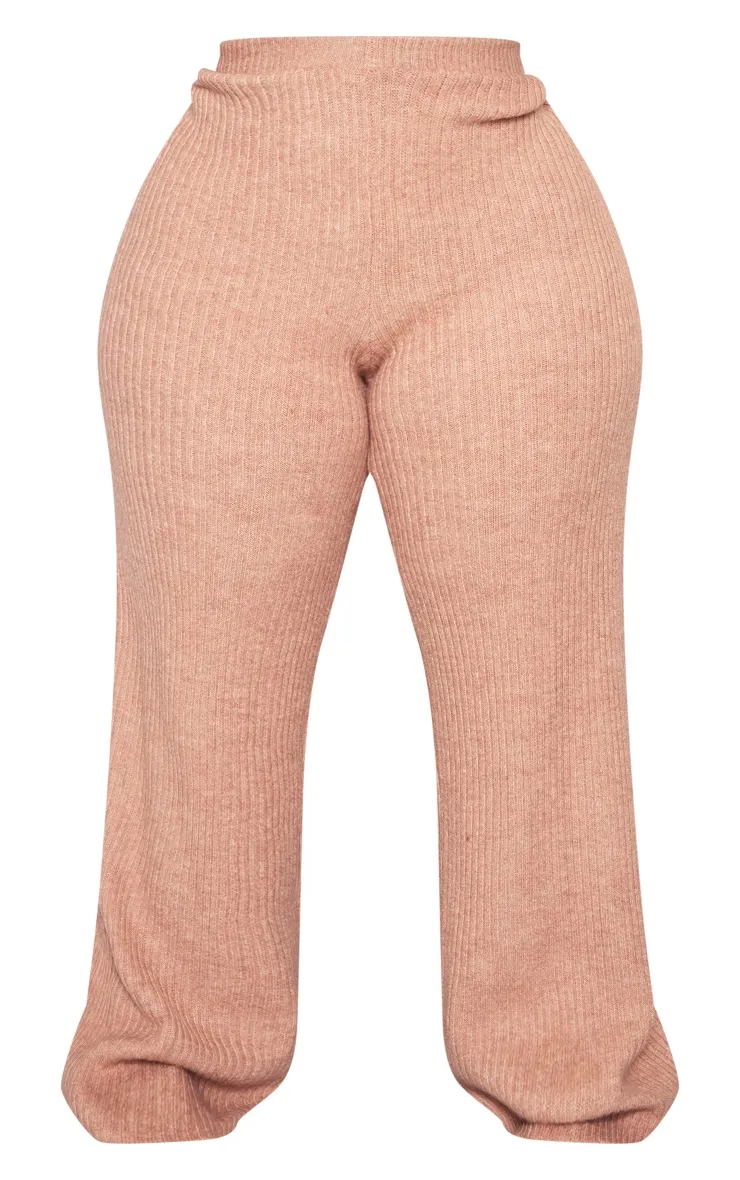 Plus Pantalon en maille tricot côtelée douce cappuccino