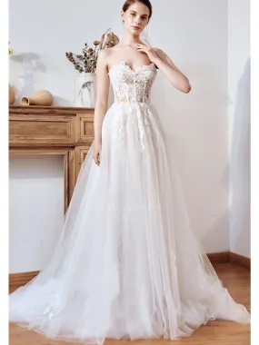 Robe De Mariée Trapèze Corset Transparent Tulle et Dentelle