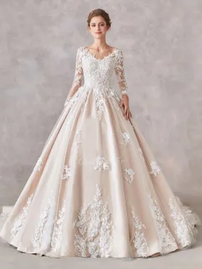 Robe De Mariée Trapèze Princesse Champagne Satin Dentelle Manche Longue Col V