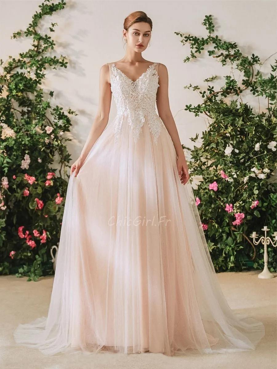 Robe De Mariée Trapèze Tulle Dentelle Rose Poudrée Col V Dos Nu