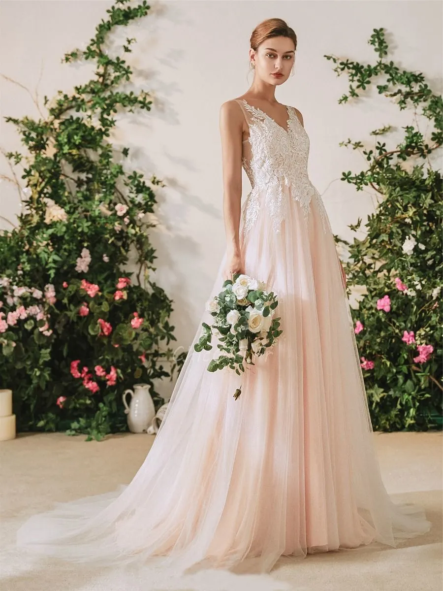 Robe De Mariée Trapèze Tulle Dentelle Rose Poudrée Col V Dos Nu