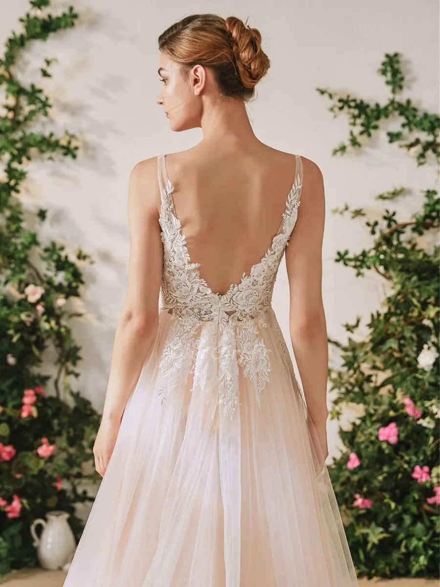 Robe De Mariée Trapèze Tulle Dentelle Rose Poudrée Col V Dos Nu