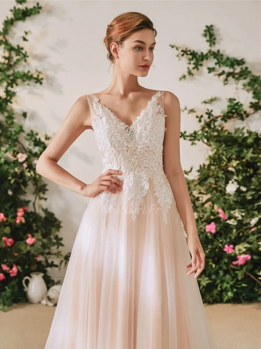 Robe De Mariée Trapèze Tulle Dentelle Rose Poudrée Col V Dos Nu