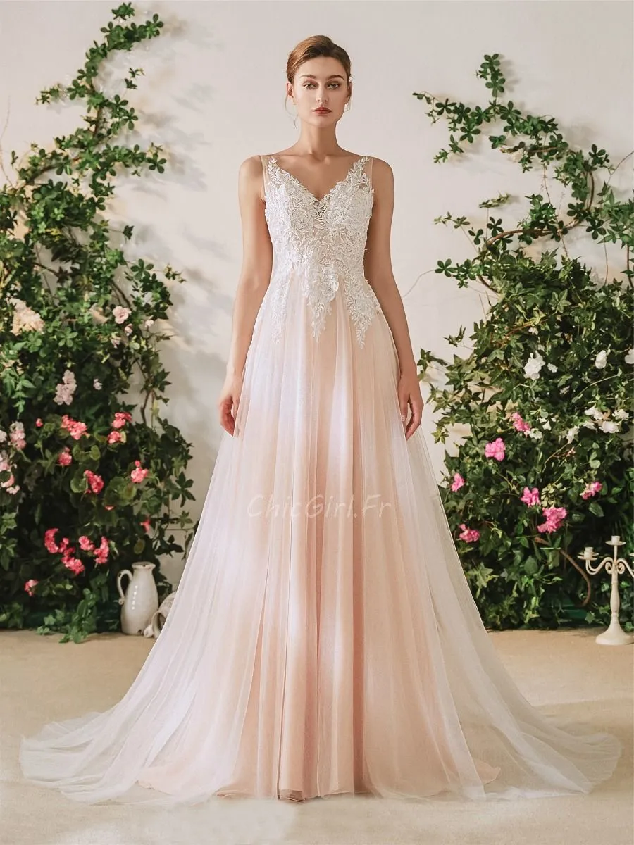 Robe De Mariée Trapèze Tulle Dentelle Rose Poudrée Col V Dos Nu