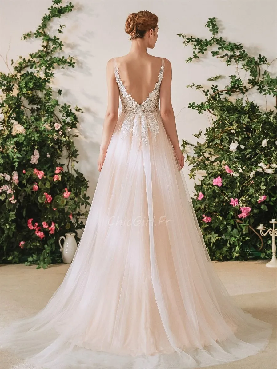 Robe De Mariée Trapèze Tulle Dentelle Rose Poudrée Col V Dos Nu