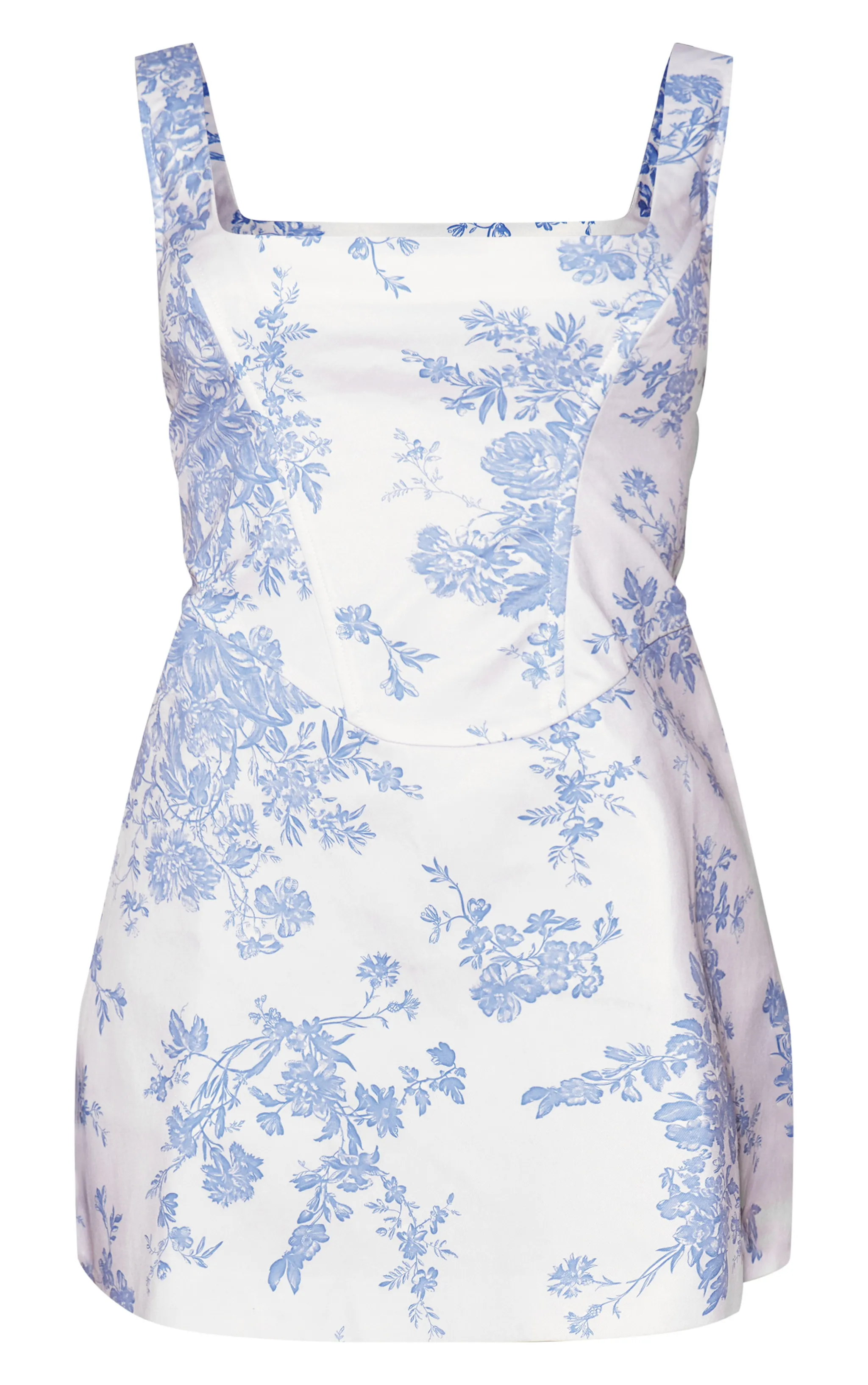 Robe droite imprimé fleuri bleu à jupe trapèze et détail corset