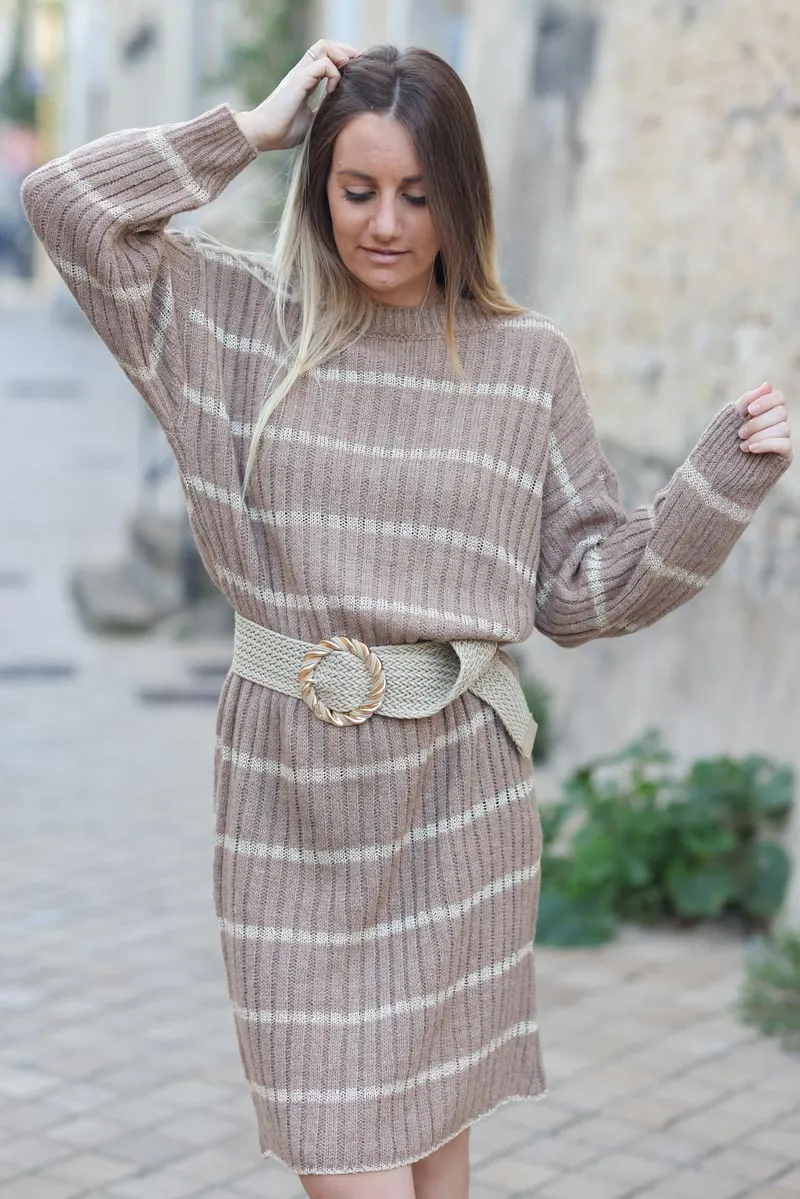 Robe en maille côtelée camel rayures dorées