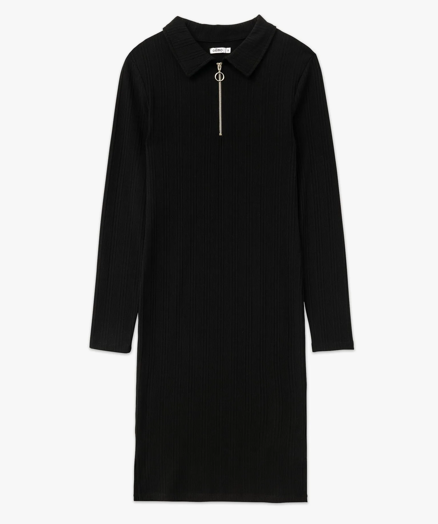 Robe en maille côtelée à manches longues et col zippé femme noir