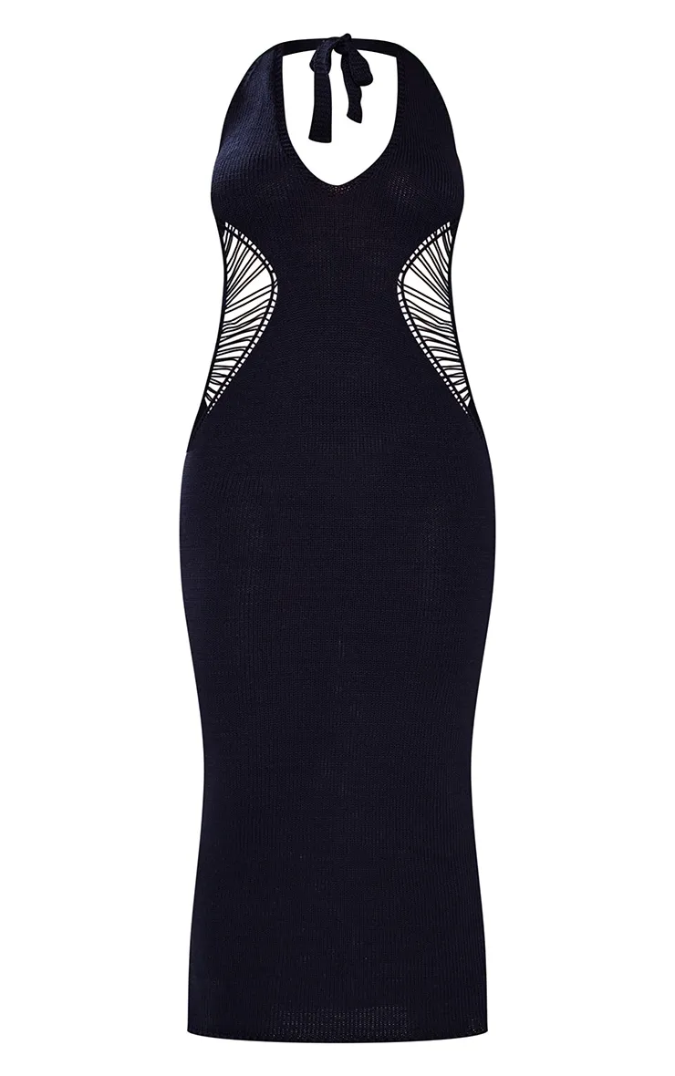 Robe longue découpée en maille tricot noire déchirée