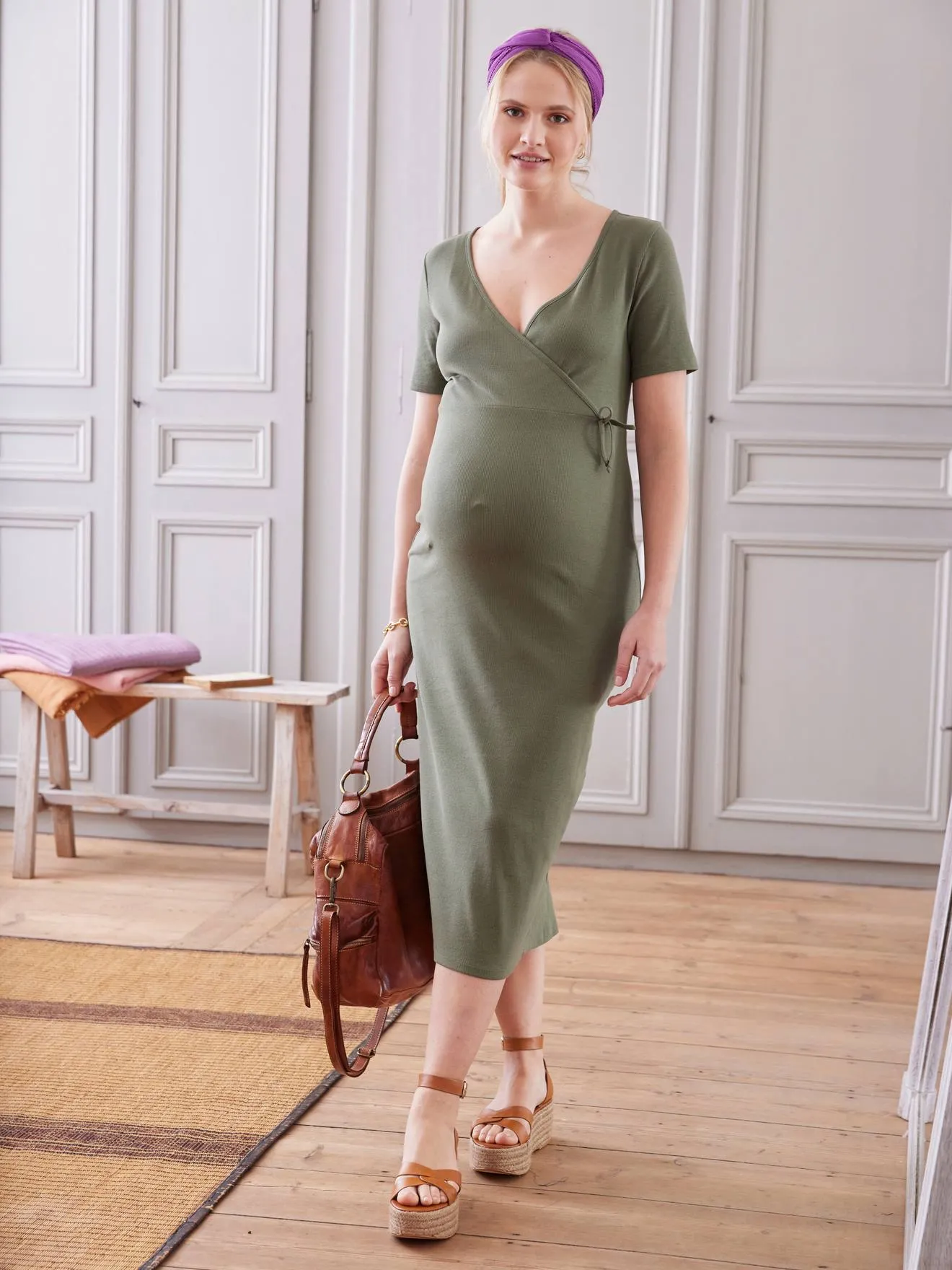 Robe longue en maille côtelée stretch grossesse et allaitement olive - Vertbaudet