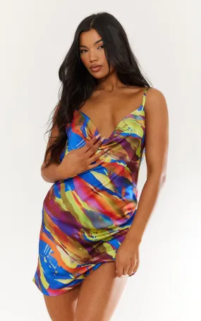 Robe trapèze satinée multicolore imprimé abstrait à col bénitier