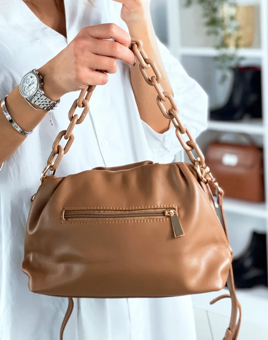 Sac à main forme besace taupe à fausses chaines