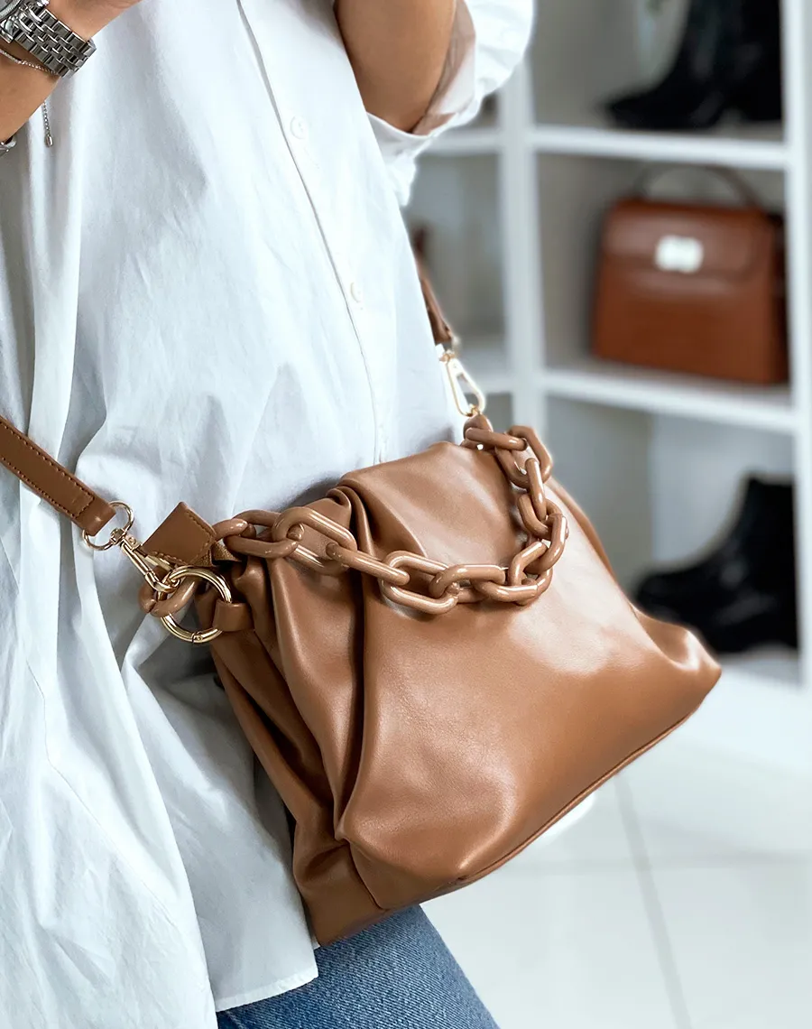 Sac à main forme besace taupe à fausses chaines