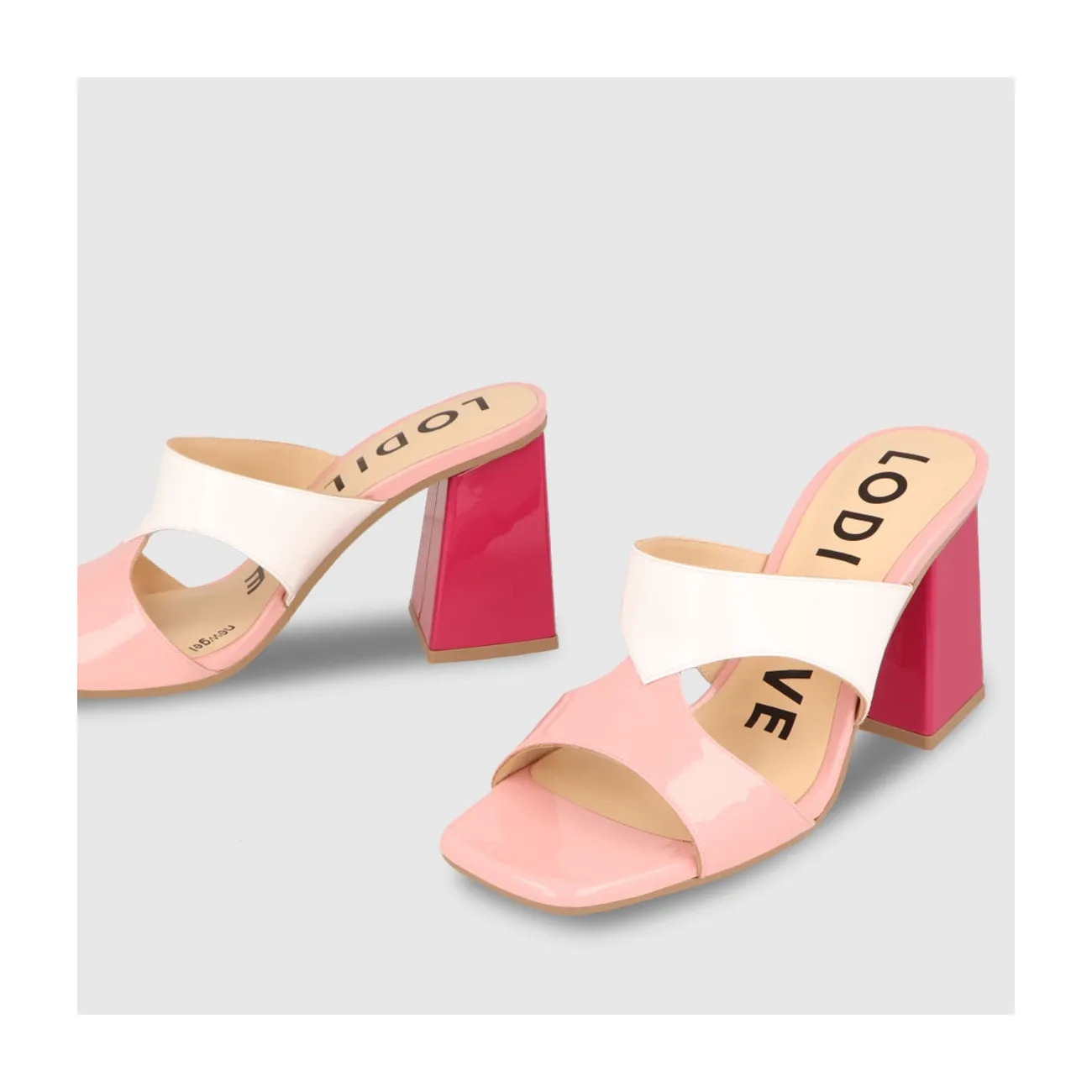 Sandales à talon femme en cuir verni de couleur rose et blanches | LODI Chaussures pour femme en ligne.