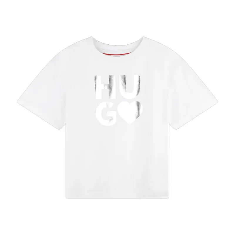 T-SHIRT BLANC À MANCHES COURTES HUGO ENFANT LOGO ARGENTÉ