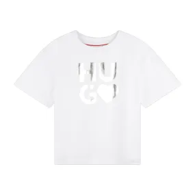 T-SHIRT BLANC À MANCHES COURTES HUGO ENFANT LOGO ARGENTÉ