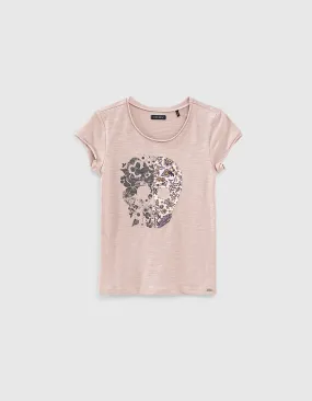 T-shirt parme bio visuel tête de mort à 2 motifs fille