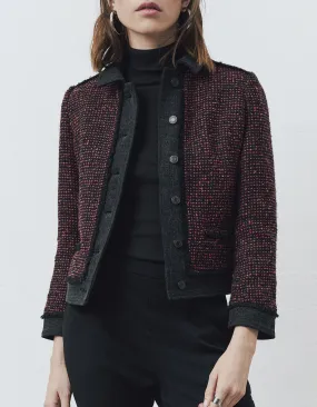 Veste bi-matière en tweed et denim rouge et noir femme