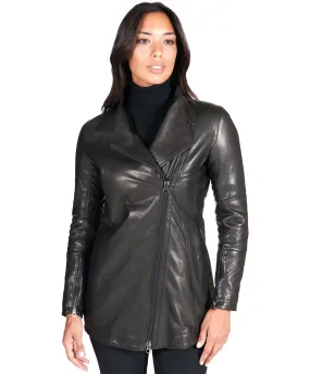 Veste cuir femme éclair décalé cuir agneau aspect vintage noir Serena