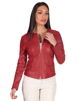 Veste en cuir femme col rond cuir d'agneau vintage rouge Clear