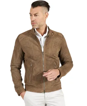 Veste moto cuir homme blouson cuir daim perforé taupe Ted