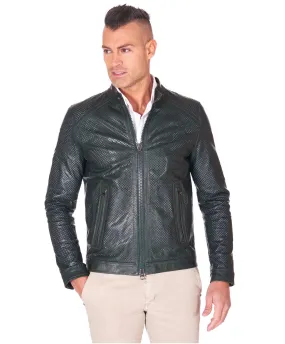 Veste moto cuir homme blouson cuir perforé vert foncé Ted