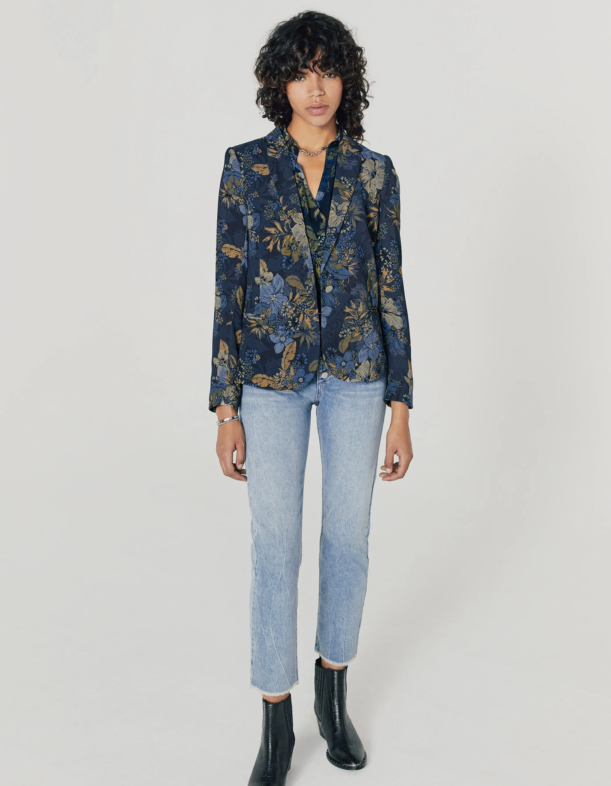 Veste tailleur en crêpe imprimé floral tropical femme