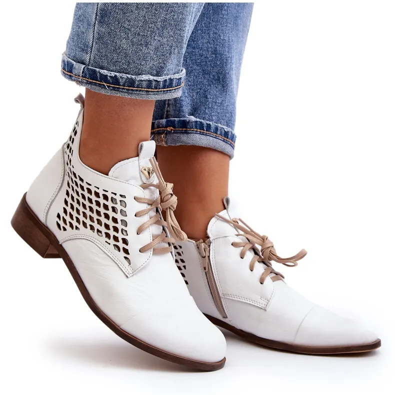 Zazoo 2878 Bottines basses en cuir ajouré pour femme, blanc blanche