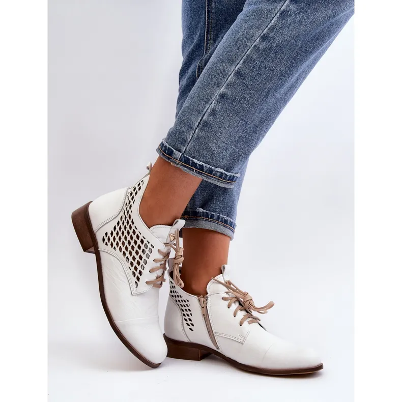 Zazoo 2878 Bottines basses en cuir ajouré pour femme, blanc blanche